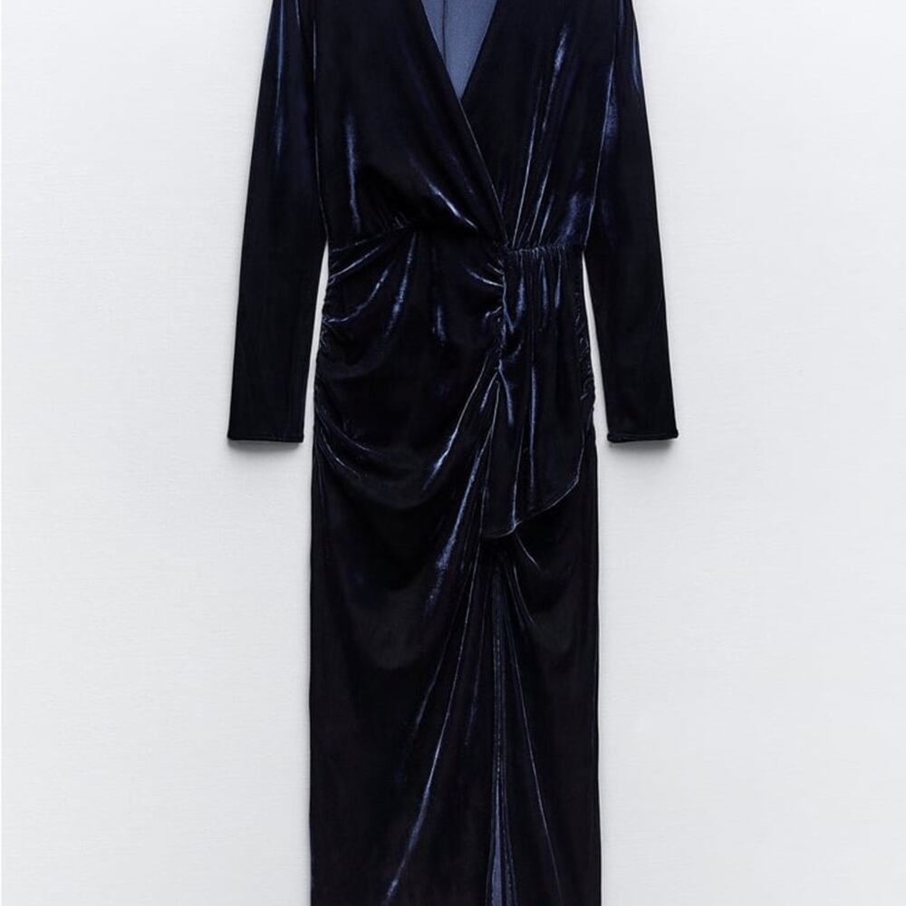 ZARA RUCHED VELVET MIDI DRESS - Picture 9 of 12